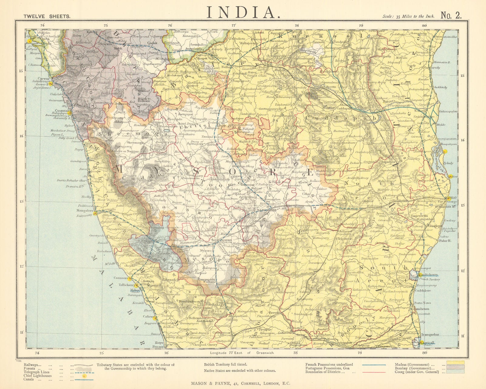 BRITISH INDIA SOUTH. Mysore Carnatic Madras. Telegraphs Railways. LETTS 1892 map